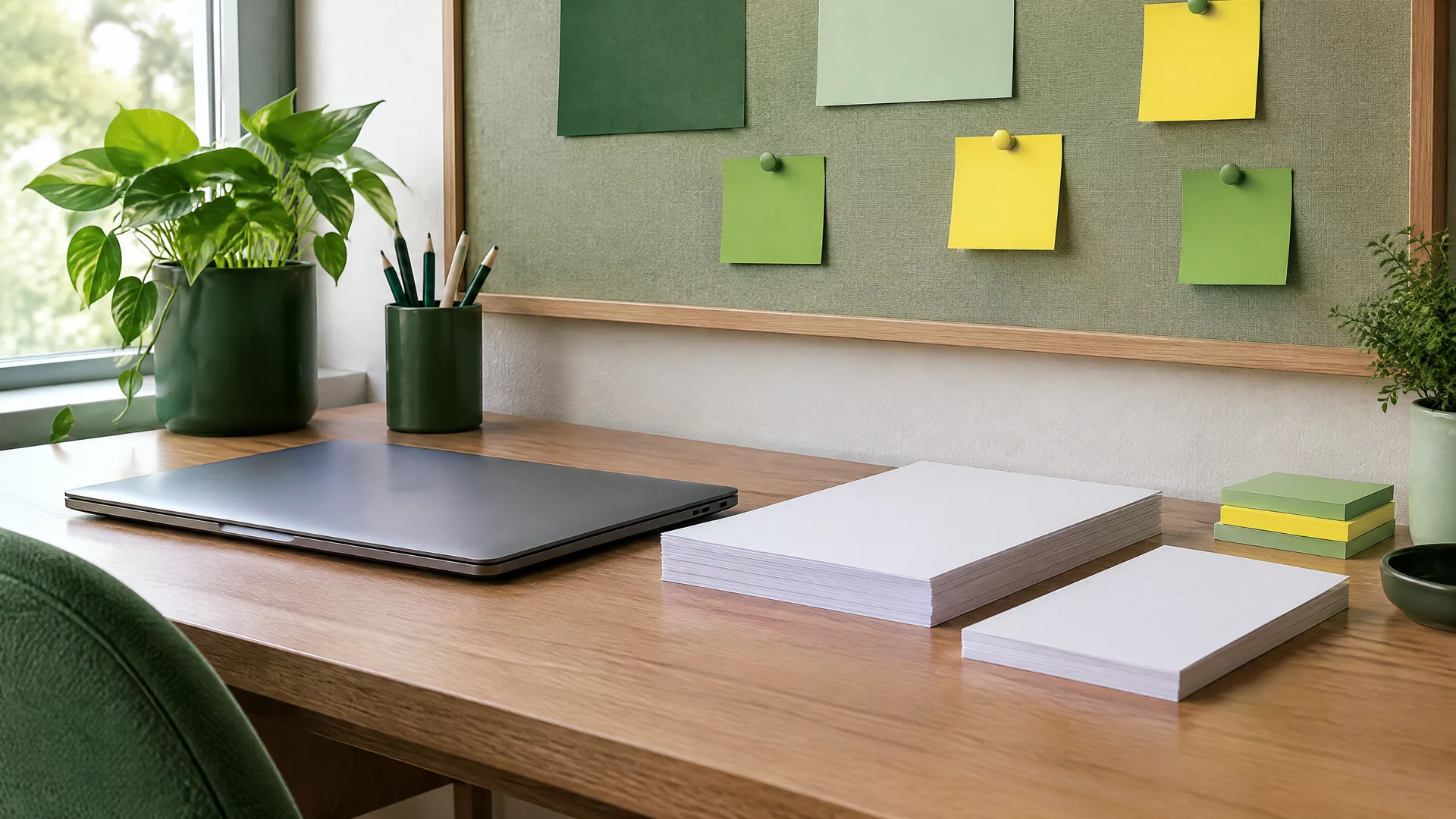 Desk with a closed laptop, stacks of blank paper and sticky notes on a pinboard