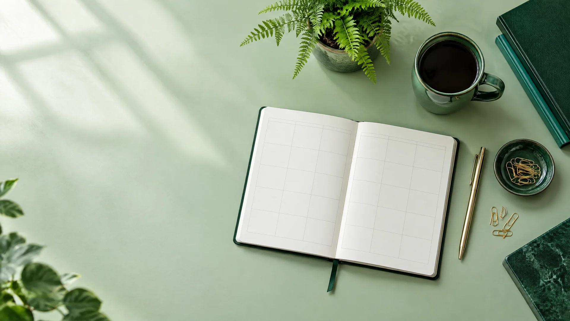Open blank planner on a pale green desk with a fern, mug and gold pen