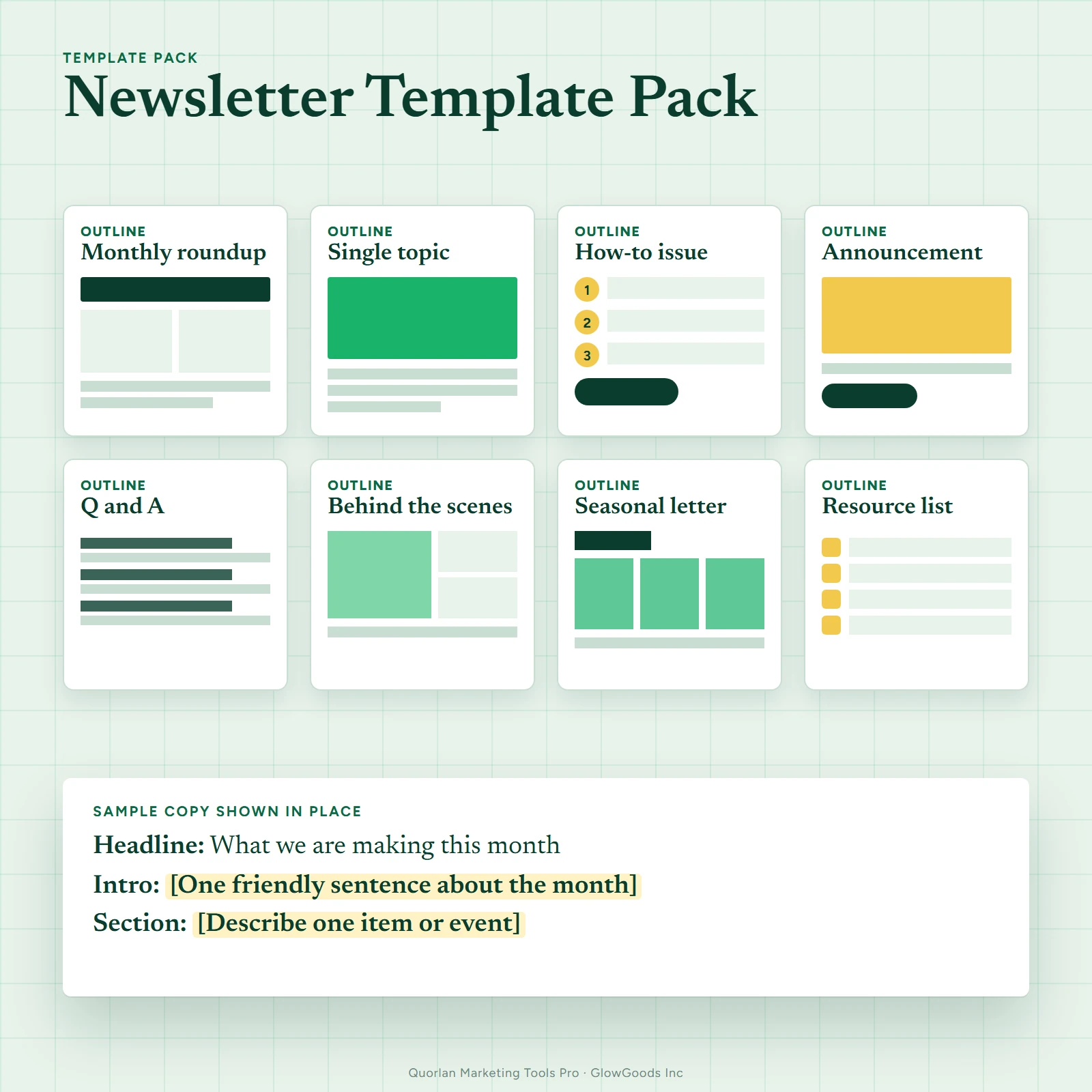 Newsletter template pack with outlines of newsletter sections and sample headings