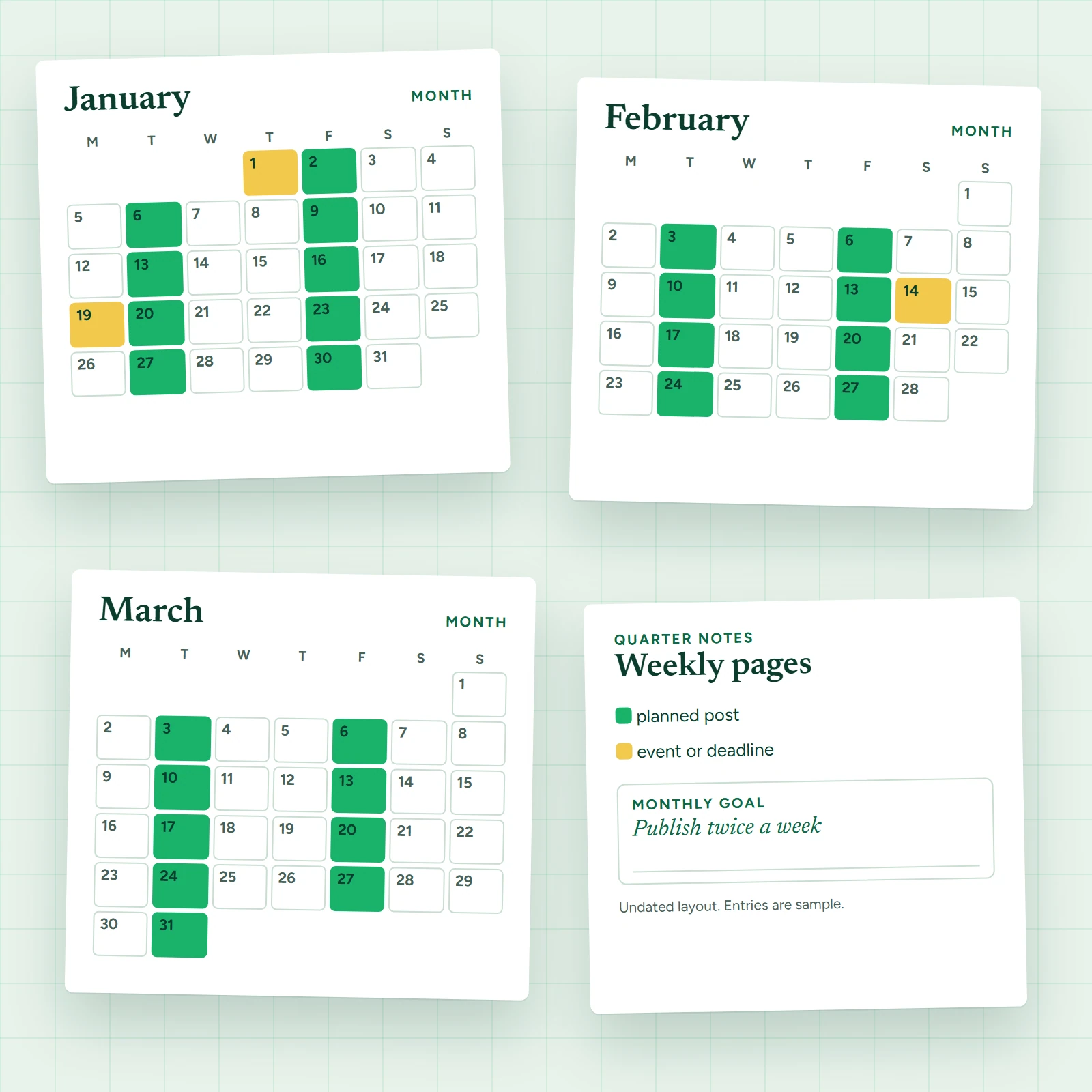 Quarterly content calendar showing a monthly grid with coloured post markers