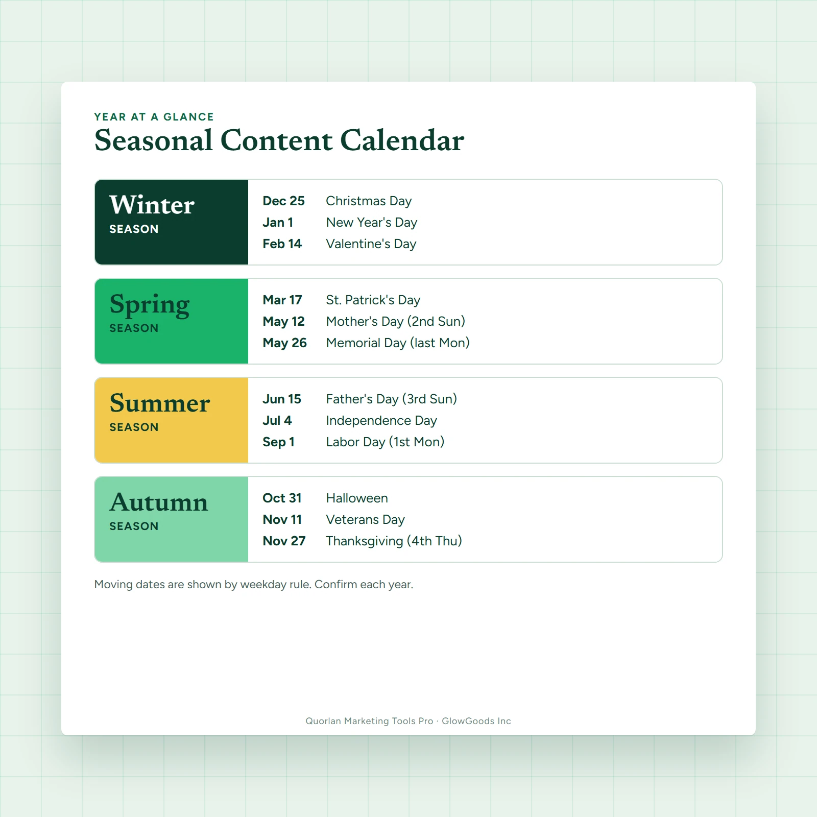 Seasonal content calendar workbook with a year-at-a-glance overview in colour bands