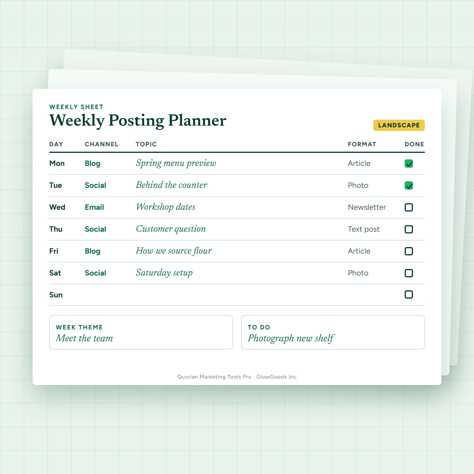 Weekly posting planner sheet with day rows and channel, topic and status columns
